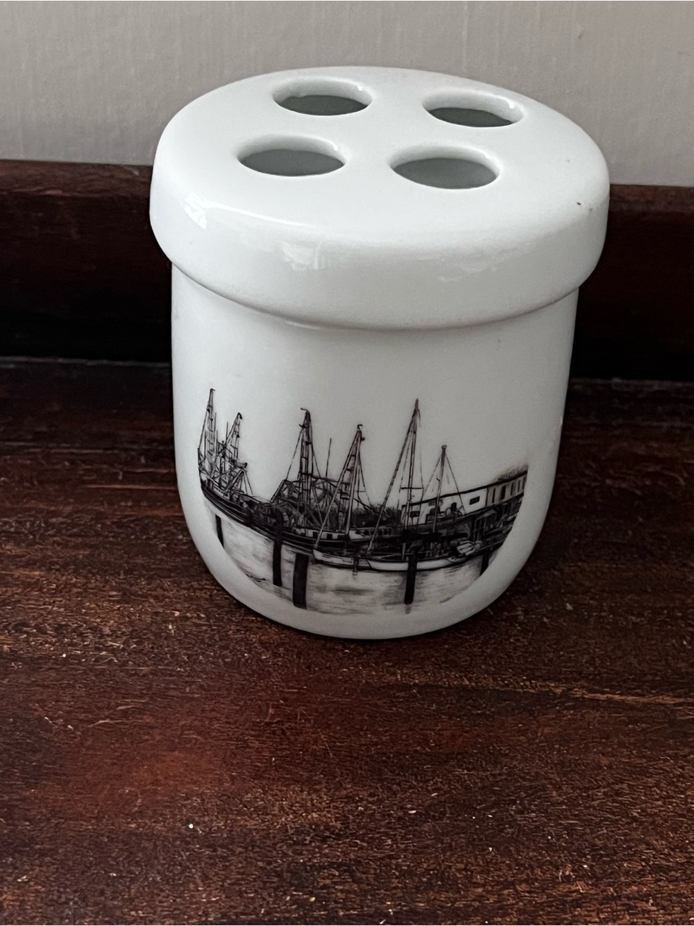 Vintage Liette White Ceramic Toothbrush Holder with Nautical Boat Ship